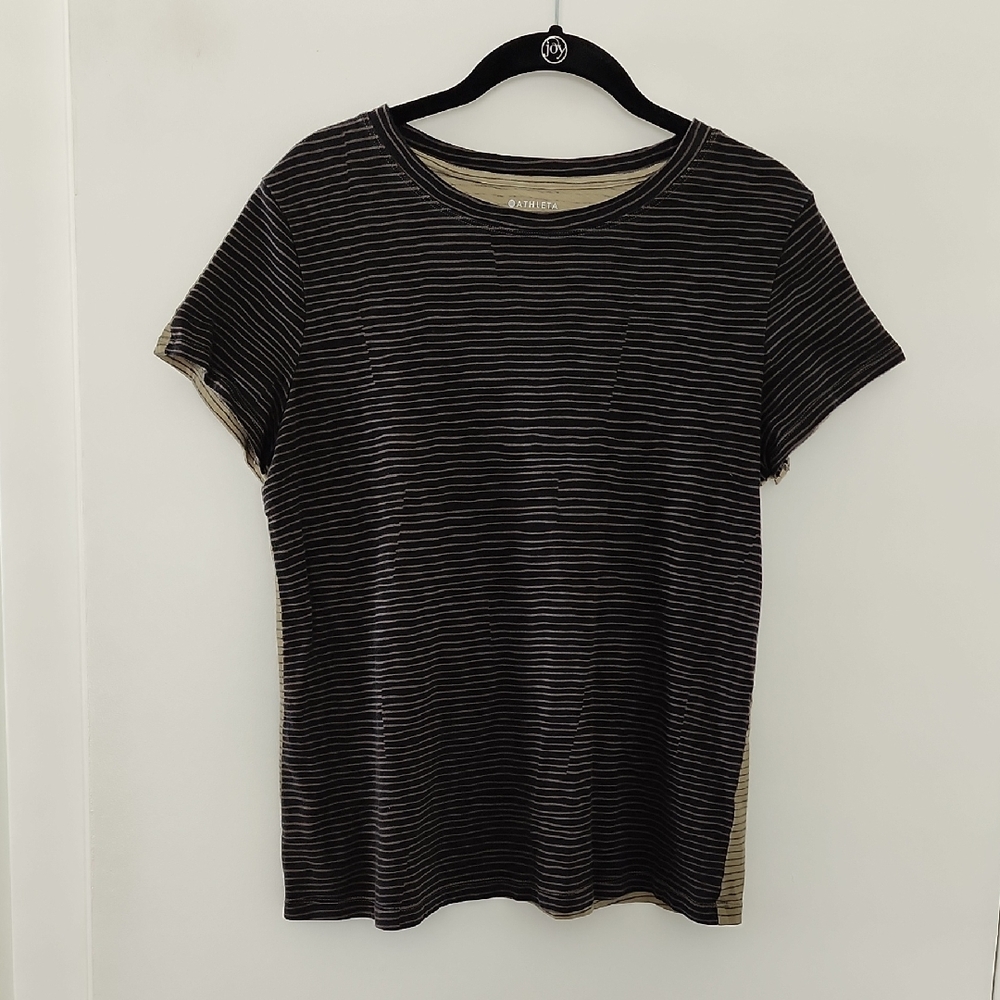 Athleta Olive Green & Black Striped Tee